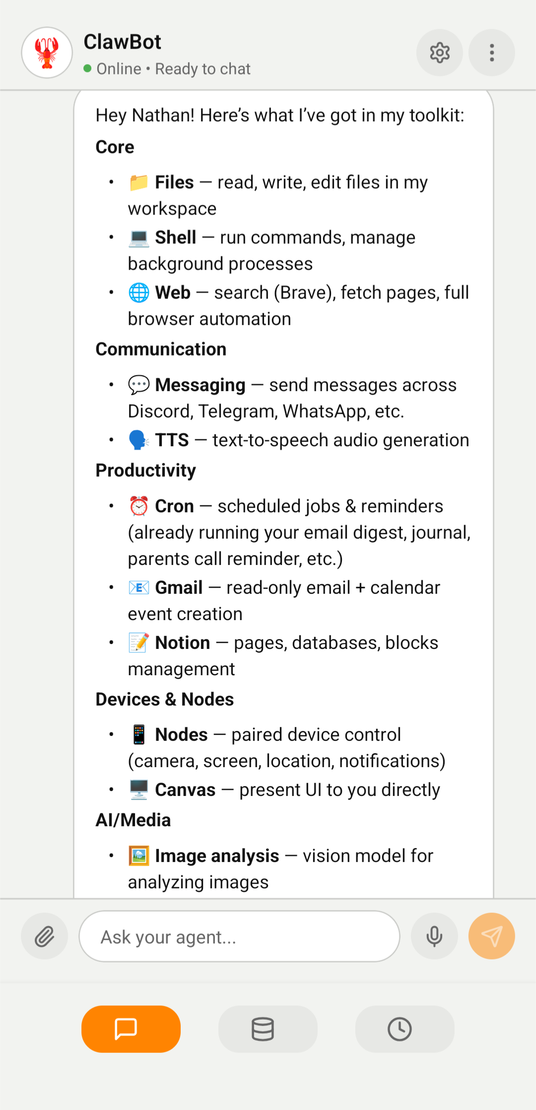 ClawBot AI Chat — real-time conversation with 15+ built-in tools