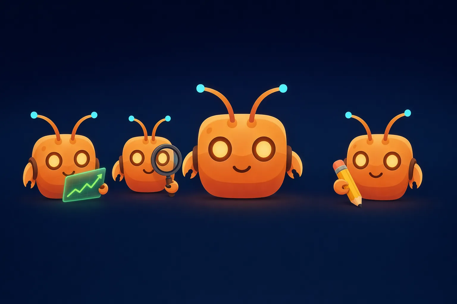 ClawBot assistant flanked by trading, research and content specialist mascots
